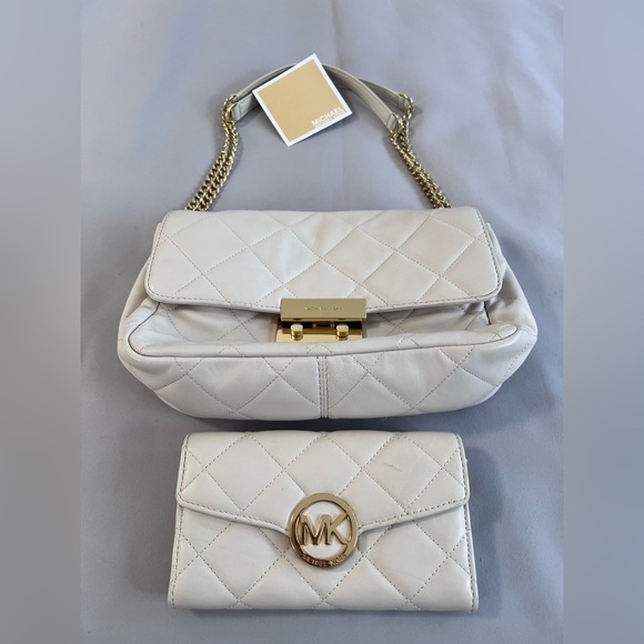 Michael Kors Sloan XL Chain Leather Shoulder Bag Ivory Gold & Wallet - Picture 13 of 16
